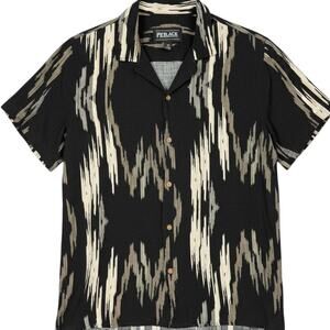 Abstract Camp Resort Button Up Shirt Men's Size Large Short Sleeved PX Black Tan